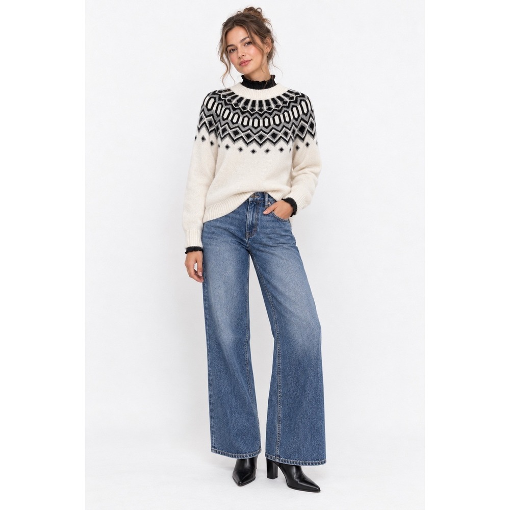 H&M Jacquard-Knit Sweater Size M Fair Isle Black White Wool Blend Pullover